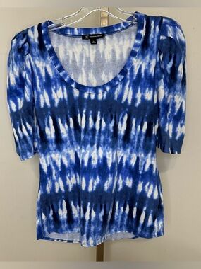 INC International Concepts Blue & White Tie-Dye Scoop Neck Top